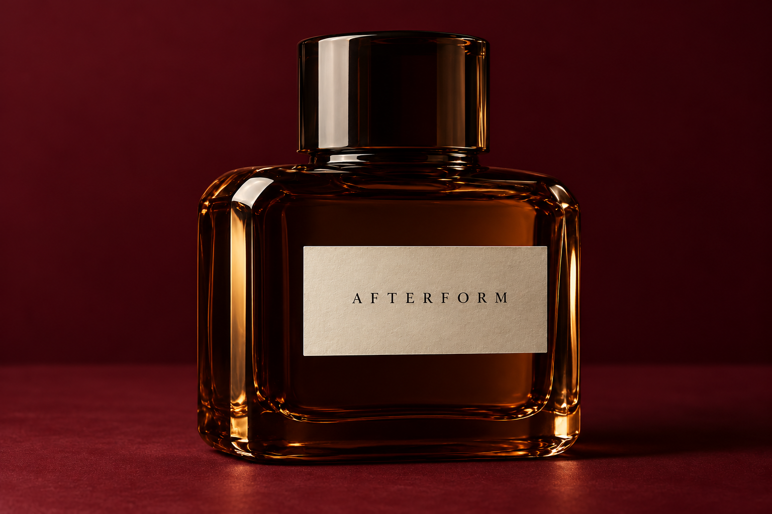 flat-based fragrance bottle with beveled shoulders in dark brown glass on burgundy