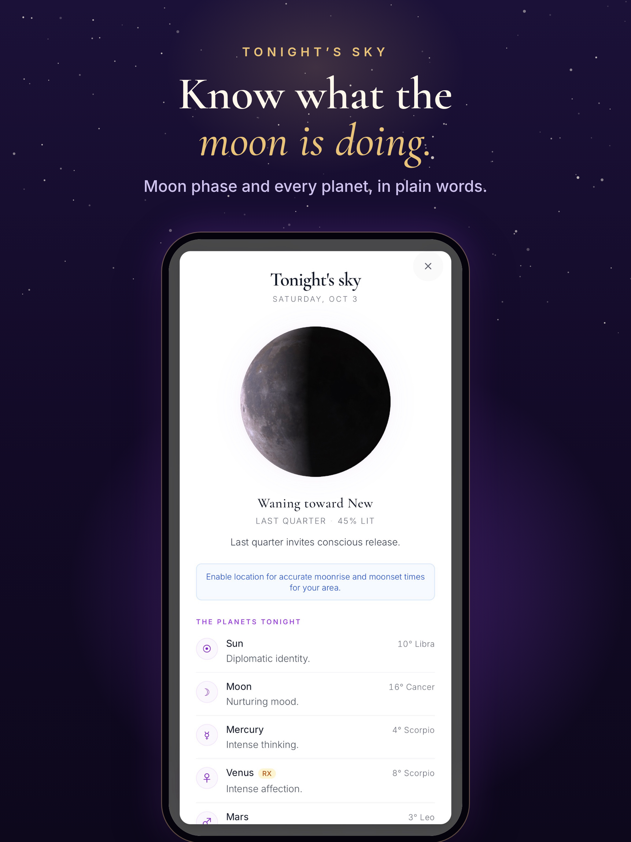 Existing Lunar Guide Tonight’s Sky marketing screen