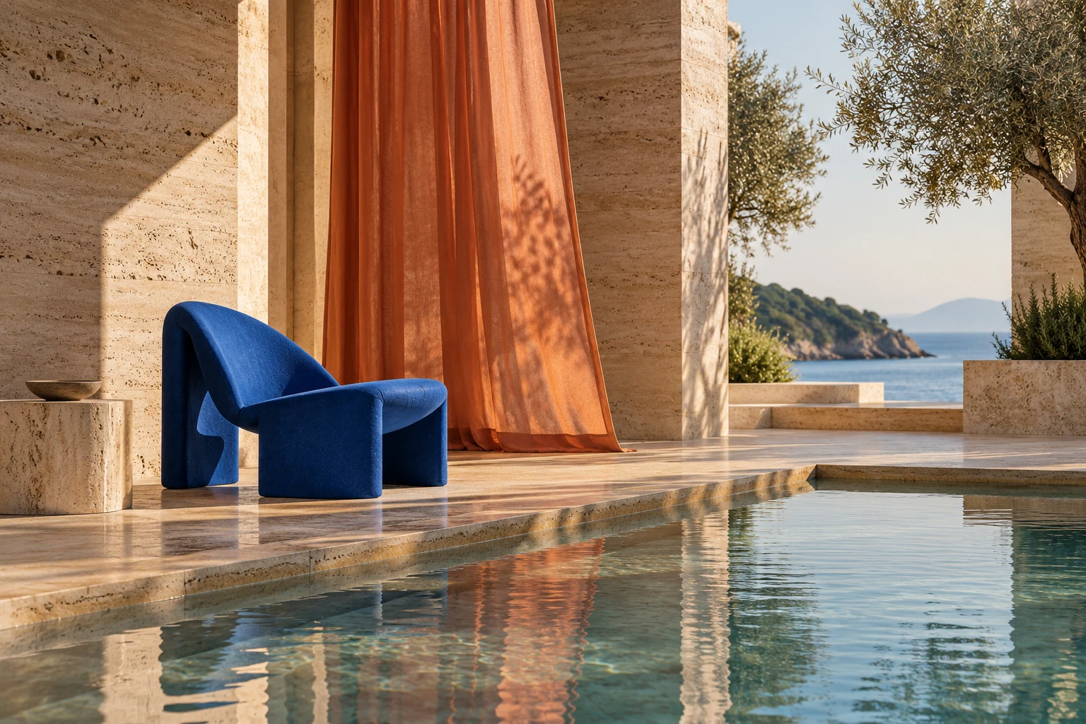travertine courtyard with a cobalt chair and terracotta curtain